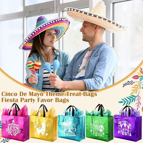 Kolldenn 20 Pcs Mexican Fiesta Party Favor Bags with Handles & Tissue Paper Reusable Non Woven Cinco De Mayo Gift Goodie Candy Treat Tote Bags for Mexican Party Favors Decor(8 x 4 x 10 Inch) in Saudi Arabia