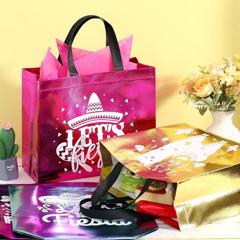 Kolldenn 20 Pcs Mexican Fiesta Party Favor Bags with Handles & Tissue Paper Reusable Non Woven Cinco De Mayo Gift Goodie Candy Treat Tote Bags for Mexican Party Favors Decor(8 x 4 x 10 Inch) in Saudi Arabia