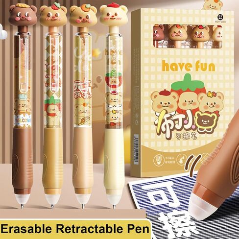 4 Pcs Cute Cat Erasable Pens Retractable Pens Erasable Gel Ink Pens Cartoon Pens 0.5mm Point Black Ink Pen Kawaii Writing Pen Office School Pens Women Girls Boys Pens (Cat-Black Ink) in Kuwait