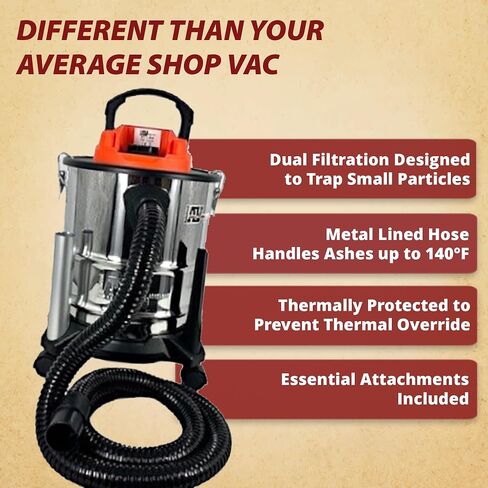 Pellethead Ash Vault Pro Ash Vacuum - 5-Gallon - 10-Amp Power - Heat Resistant Dual Filtration System - 10' Power Cord - 7' Metal Lined Hose - Hose Tool Attachments - 5 Year Warranty in Kuwait