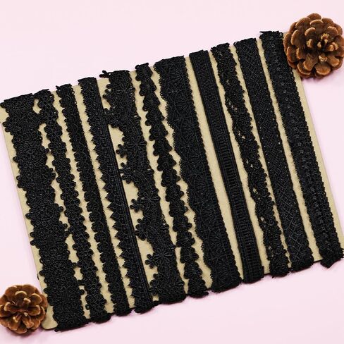 2 Yards Black Lace Trim Embroidery Lace, Flower Ribbon,with 11 Patterns(2 Yards Each), for Sewing Costumes, Gift Wrap, Wedding Decoration, DIY Art Crafts（Black） in Kuwait