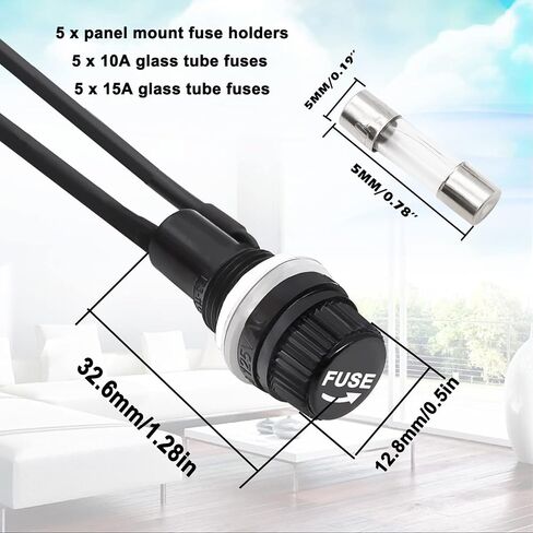 Tnisesm 8 Pcs Panel Mounted 5x20mm Screw Cap Fuse Holder Socket AC 250V 10A/AC 125V 15A Black with 8 Pcs Glass Tube Fuse(10A+15A) in Kuwait