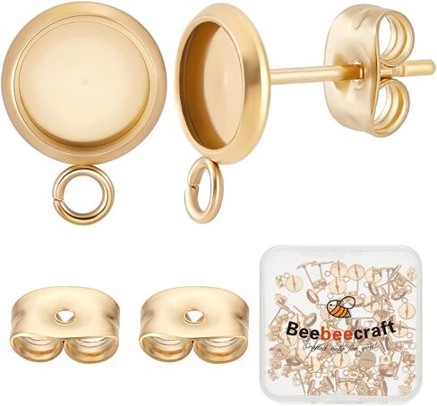 Beebeecraft 1 Box 50pcs stud arring cabochon setting 304 stud stud stud stud antring flanks مع حلقة لصنع قرط DIY (صينية: 8 ملم) in Kuwait