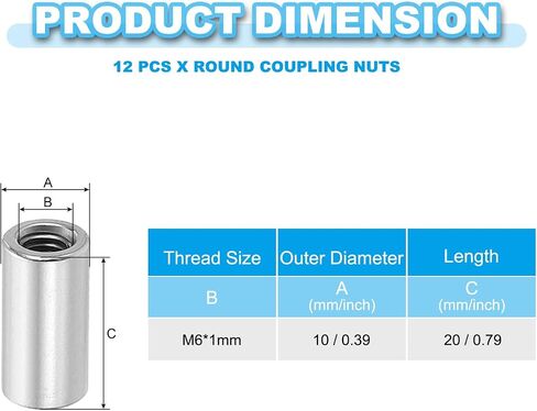 MECCANIXITY Round Coupling Nuts, M12x1.75mm Female Thread 45mm(1.77") 304 Stainless Steel Rod Hardware Coupling Nuts, Pack of 32 in Saudi Arabia