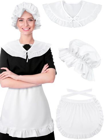 Suhine 3 Pcs Halloween Colonial Costume Set White Colonial Bonnet Shawl Wrap Waist Apron Girls Pilgrim Costume Accessories for Cosplay Maid Revolutionary in Saudi Arabia