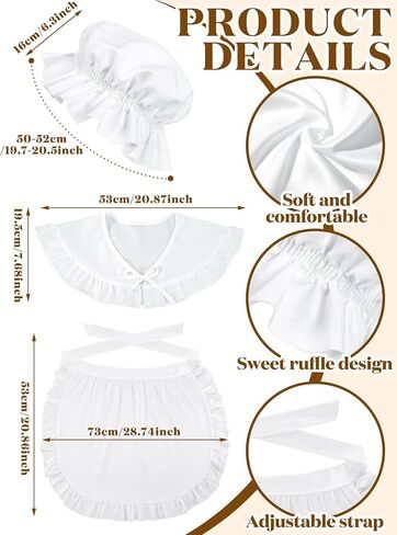 Suhine 3 Pcs Halloween Colonial Costume Set White Colonial Bonnet Shawl Wrap Waist Apron Girls Pilgrim Costume Accessories for Cosplay Maid Revolutionary in Saudi Arabia