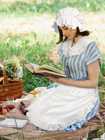 Suhine 3 Pcs Halloween Colonial Costume Set White Colonial Bonnet Shawl Wrap Waist Apron Girls Pilgrim Costume Accessories for Cosplay Maid Revolutionary in Saudi Arabia