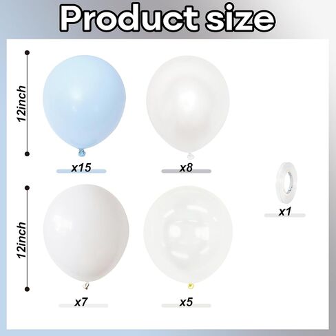 Pastel Blue and White Balloons, 12 Inch 35PCS Light Baby Blue Pearl White with Clear Latex Balloon for Boys Birthday Bachelorette Party Bridal Baby Shower Winter Holiday Party Decorations Supplies in Saudi Arabia