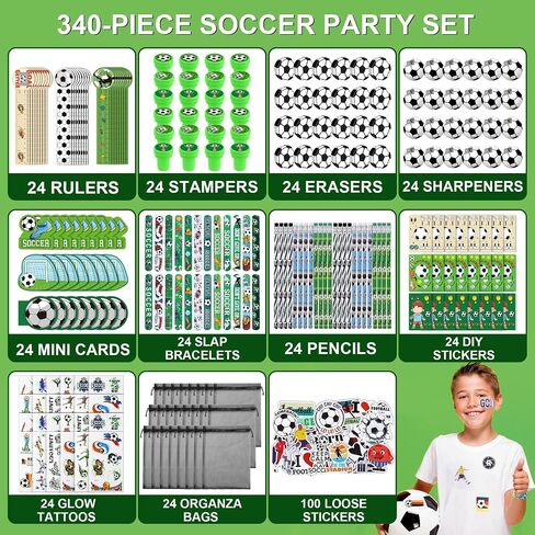 Aneco 340 Pieces Soccer Party Favor Set Soccer Goodie Bags Stuffers Mini Card Pencils Sharpener Eraser Stamp Slap Bracelet Sticker School Stationery Bulk for Sports Party Team Game Prize Birthday Gift in Kuwait