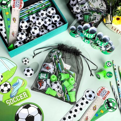 Aneco 340 Pieces Soccer Party Favor Set Soccer Goodie Bags Stuffers Mini Card Pencils Sharpener Eraser Stamp Slap Bracelet Sticker School Stationery Bulk for Sports Party Team Game Prize Birthday Gift in Kuwait