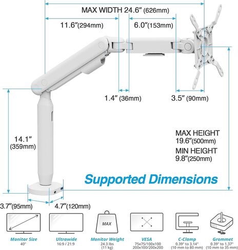 AVLT Single 17"-40" Ultrawide Easel Monitor Arm for Screens Up to 24.3 lbs, Premium Aluminum Designer Stand, Adjustable Pneumatic Height, Full Motion Swivel Tilt Rotation, USB-C USB-A Ports, Black in Saudi Arabia