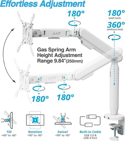 AVLT Single 17"-40" Ultrawide Easel Monitor Arm for Screens Up to 24.3 lbs, Premium Aluminum Designer Stand, Adjustable Pneumatic Height, Full Motion Swivel Tilt Rotation, USB-C USB-A Ports, Black in Saudi Arabia