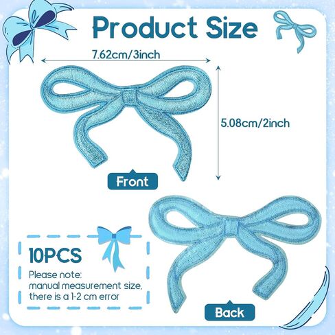 3x2in Bow Iron on Patches for Clothes Cute Coquette Bowknot Patch Embroidery Sticker Applique DIY Sewing Jeans Shirt Hat Jacket Backpack (Blue, 10pc) in Saudi Arabia