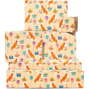 CENTRAL 23 Kids Wrapping Paper - 6 Sheets of Gift Wrap - Birthday Fox - For Baby Boys or Girls - Woodland - Comes with Stickers - Recyclable