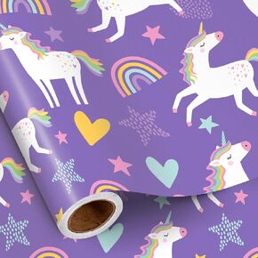 Ruspepa Unicorn Wrapp Paper Roll for Kids Girls ، Mini Roll ، Purple Unicorn مع قوس قزح ، لف غلاف هدايا النجوم والقلب المثالي لعيد ميلاد الفتيات ، استحمام الطفل ، هدية الحفلات السحرية ، 17 بوصة × 16.4 قدم