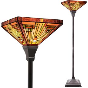 Capulina Tiffany Torchiere Floor Lamp, 70 Inches Tall Industrial Blackish Bronze Pole Amber Brown Antique Style Stained Glass Torch Standing Light for Living Room Bedroom Home Office