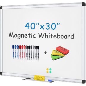 VIZ-PRO Magnetic Whiteboard/Dry Erase Board, 40 X 30 Inches, with 4 Erasers & 14 Markers & 4 Magnets