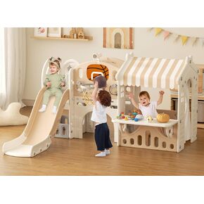 XJD 10 in 1 Slide Toddler Slide مع Playhouse ، Slide Kids for Age 1-3 مع Playhouse و Playst Slide مع طوق كرة السلة والكرة ، ملعب الأطفال الصغار (الأزرق)