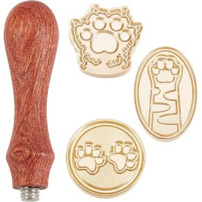 CRASPIRE WAX SEAL SEAL HEARS SET PAW PRINT موضوع 3pcs ختم ختم ختم ختم الختمات رؤساء الأختام النحاسية (مستديرة الشكل البيضاوي على شكل مخلب) ومقبض خشبي الطوابع الشمع لدعوات الزفاف بطاقات