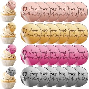 BEISHIDA 24pcs Happy Mother's Day Cupcake Topper Acrylic Cupcake Decoration Rosegold Silver Gold Hot Pink Discs Mirror Cupcake Decor I love You Mom Best Mom Mother's Day Party Supplies