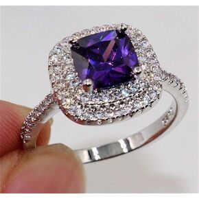 وسادة حلقة الموضة قطع 4CT 5A Zircon Stone 925 Silver Shiny Half Full Diamond Square Square Band Band Ring for Women (Purple ، 9)