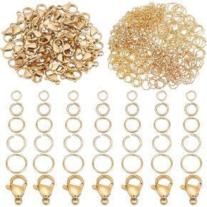 PH Pandahall 600pcs 24K حلقات قفزة مفتوحة مطلي بالذهب مع 60pcs مشابك مخلب جراد البحر ، 4/5/6/7/8 مم من الفولاذ المقاوم للصدأ الذهبي O Rings 12x7mm مجوهرات Clasps Clasps لعقد مجوهرات صنع قلادة المجوهرات