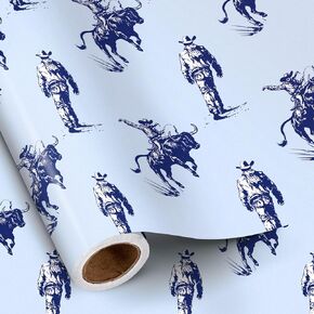 Ruspepa Western Western Cowboy Wrapping Paper Roll ، Mini Roll ، Retro Blue Rodeo Housman ، Whorseshoe Design Gift Paper for Birthday Party ، Wild Wesent