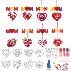 Zeelona 16 PCS عيد الأم الحرف Mom & Heart Suncatchers زخرفة هدية لأمي من ابنة Son Diy Window Paint Kits Art Hanging Decorations for Mom Birthday Party Classroom actions