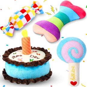 4 PCS Dog Birthday Toy Toy Puppy Plush Speceaky Chew Toy Toy Dog Higds Supplies for Small Mediance Barge Pet (Cake ، Candy ، Bone ، Lollipop)