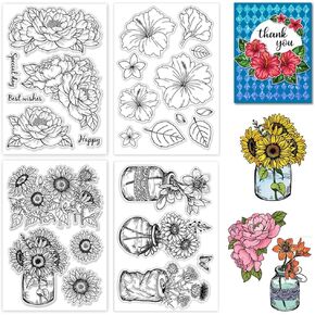 GLOBLELAND 4Pcs Flowers Vase Clear Stamps for DIY Scrapbooking Sunflower Peony Hibiscus Silicone Clear Stamp Seals Transparent Stamps for Cards Making Photo Album Journal Home Decoration