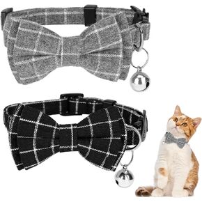 2PCS Blue and White Plaid Cat Collar with Bells, Cat Collar Breakaway Bowtie with Bells, Removable Bow Tie Collars, Cute Plaid Kitten Collars Bowtie(Color 2)