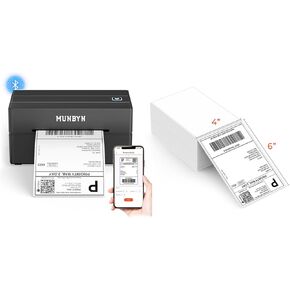 MUNBYN 130B Bluetooth Thermal Label Printer+Thermal Direct Shipping Label (Pack of 500 4x6 Fan-Fold Labels)