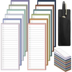 12 Pack Magnetic Notepads for Refrigerator Grocery List Magnet Pad for Fridge with 1 PU Leather Pen Holder Pastel Color 50 Sheets Per Note Pads to Do List Shopping Notepads, 9 x 3.5 Inch