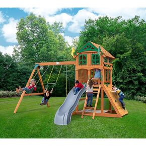 Gorilla Playsets 01-1063-GREY WOOD WOOD SWAND مع سقف خشبي وجدار التسلق والتأرجح والشرائح الرمادية والعنبر