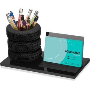 Sherr Tire Shaped Pen Holder Arylic Tire Business Card Holder Tire Shape Stationery Set Automotive Business Card and Pen Holder Business Office Desk Organizer for Men Mechanics Gifts Car Lover(Clear)