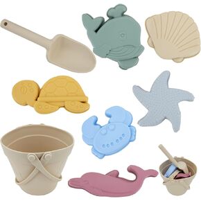 LAT 8PCS Silicone Beach Toys-Summer Kids Beach مع دلو السيليكون ، المجرفة ، 6 قوالب الرمل | Playset في الهواء الطلق للأطفال الصغار ، الأطفال (البيج)
