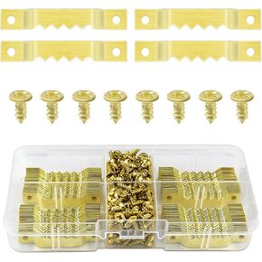 100 Pack Small Sawtooth Picture Hangers with 200 Pcs Screws Sawtooth Frame Sawtooth Hanger for Hanging Artwork Paintings Clock Photos Heavy Duty Sawtooth Picture Hangers Canvas Hanger for Home (Gold)