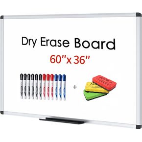 VIZ-PRO Dry Erase Board/Whiteboard, 60 x 36 Inches, Wall Mounted Board for School Office and Home, with 3 Colored Erasers and 12-Count Markers