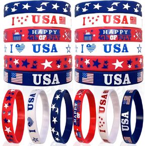 سوار السيليكون الأمريكي من Uouyoo American Silicone 18 PCS في الرابع من يوليو ، معصم وطني أبيض وأزرق سوار سيليكون إكسسوارات الرابع من يوليو لصالح حفلات يوم الاستقلال للأطفال