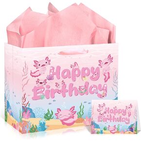 حقيبة هدايا عيد ميلاد eobecy pink axolotl مع ورق الأنسجة وبطاقة الترحيب ، والحيوانات اللطيفة ملفوف الورق للفتيان أطفال زخارف عيد ميلاد اللوازم الحفلات