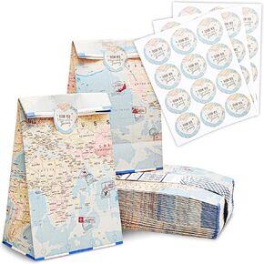 Blue Panda 36 Pack World Map Favor Favor Bags مع حقيبة هدايا ملصقات للسفر تحت عنوان الزخارف الحزبية ، وأكياس عيد ميلاد الأطفال Goodie للأطفال (8.7 × 5.15 بوصة)