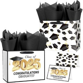 حقيبة هدايا التخرج Linelglobal مع ورق منسجة 2025 تهانينا Black 12.6 "لـ Boy Girl 2 Pack