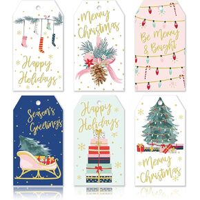 anydesign 120pcs عيد الميلاد ورق الهدايا مع الحبل القنب الحبل عيد الميلاد علامة تخزين العلامة مسبقا مع الثقوب الذهب رقائق الذهب عطلات العطلة تسميات معلقة ، 6 تصميم