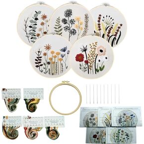 GOGLAM Embroidery Kit for Beginners, 5 Sets Cross Stitch Kits, Needlepoint Kits Adults Beginner with Stamped Flower Pattern, Hoop, Needle, Easy Crafts Kits for Adults