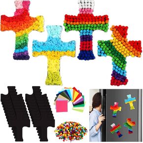 24 مجموعة Cross Crosss DIY Easter Denter Magnets Cross Sticky Boards مع حبات الورق الأنسجة POMPOMS MAYER CROSS CRAFT MISHING MINDAW FOR KIDS Sunday School Bible Church
