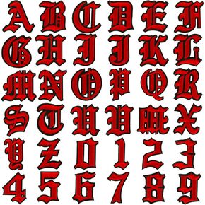 DREMISI Gothic Iron On Letters for Clothing A-Z 26 Varsity Letter Patches Old English Letters 0-9 Iron on Numbers for Clothing Number Badge Goth Iron On Patches Fabric Patches for Jeans Bags, Red