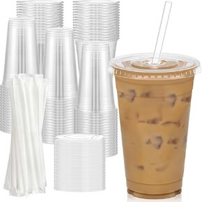 100 Pack - 16 oz Clear Plastic Cups with Lids and Straws, Sturdy & Food Safe Iced Coffee Cups with lids, Iced Coffee Cup, Disposable Cups Plastic Coffee Cups Smoothie Cups for Cold Drinks in Kuwait