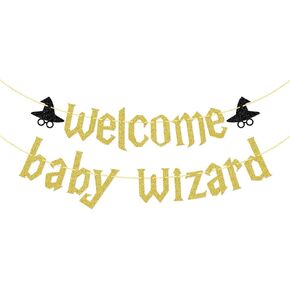 مرحبًا بكم راية Baby Wizard ، Wizard تحت عنوان الجنس تكشف حفلة استحمام الطفل ، زخارف حفلات الهالوين ، ديكور غرفة الحضانة ، راية الهالوين للطفل ، Gold Glitter
