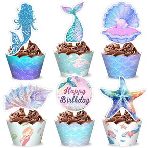48pcs حورية البحر ديكورات حفلة عيد ميلاد | 24pcs cupcake toppers & 24pcs cupcake wrappers party fors favors supplies tail under the sea contpiece table gifts for boys girls carnival justs
