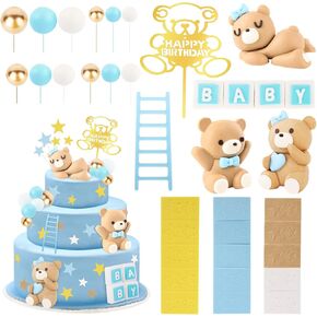 HOOQICT 48 PCS Bear Cake Topper Duper Dusting Cake Decorations with Mini Bear و Baby Letters و Gold White BLUE BALL CAK